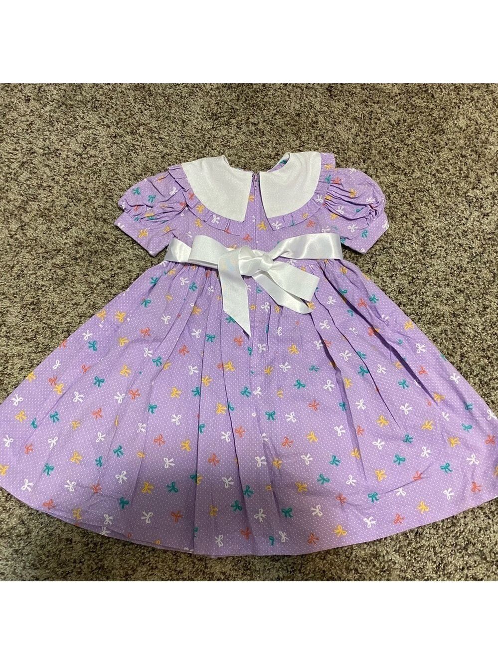 Vintage Toddler Girl Cotton Dress 80s 90s Purple Polka Dot Bows Ribbon Tie - Picture 6 of 11